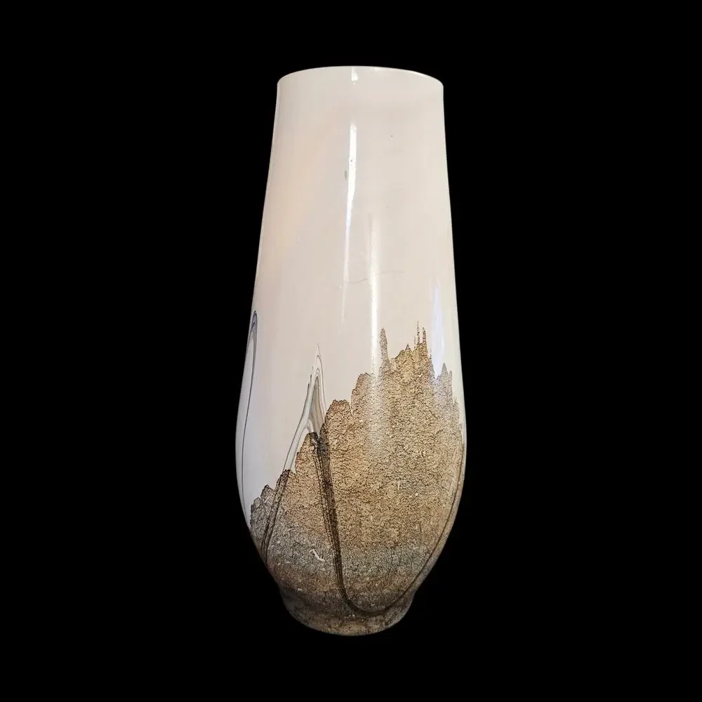 Vintage Style Studio Art Pottery Vase Cream Brown Abstract Textured Glaze